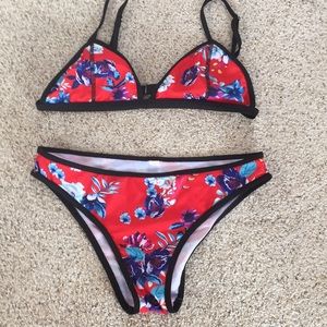 Red and black floral bikini